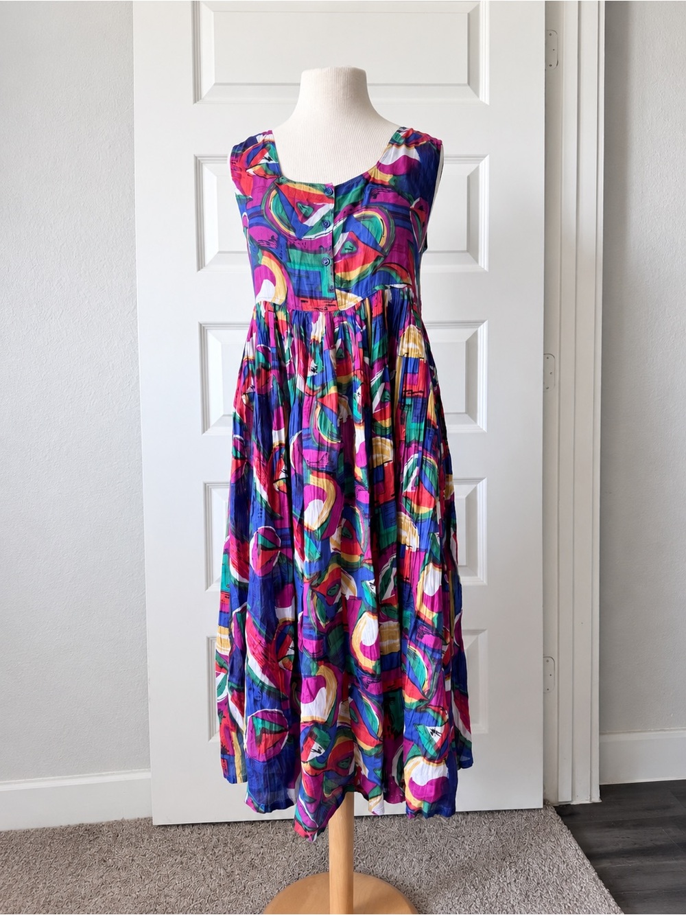 Vintage 80s 90s Artsy Sita 100% Cotton Midi Dress L Colorful Abstract Art Print
